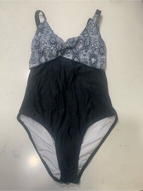 Black One-Piece Swimsuit with Grey Snake-Print Bust